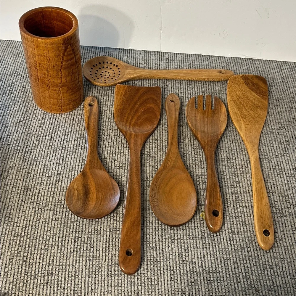 Wooden Utensil Set with Holder 6 pcs spoon spatula fork piece (salad server?) - Picture 5 of 13